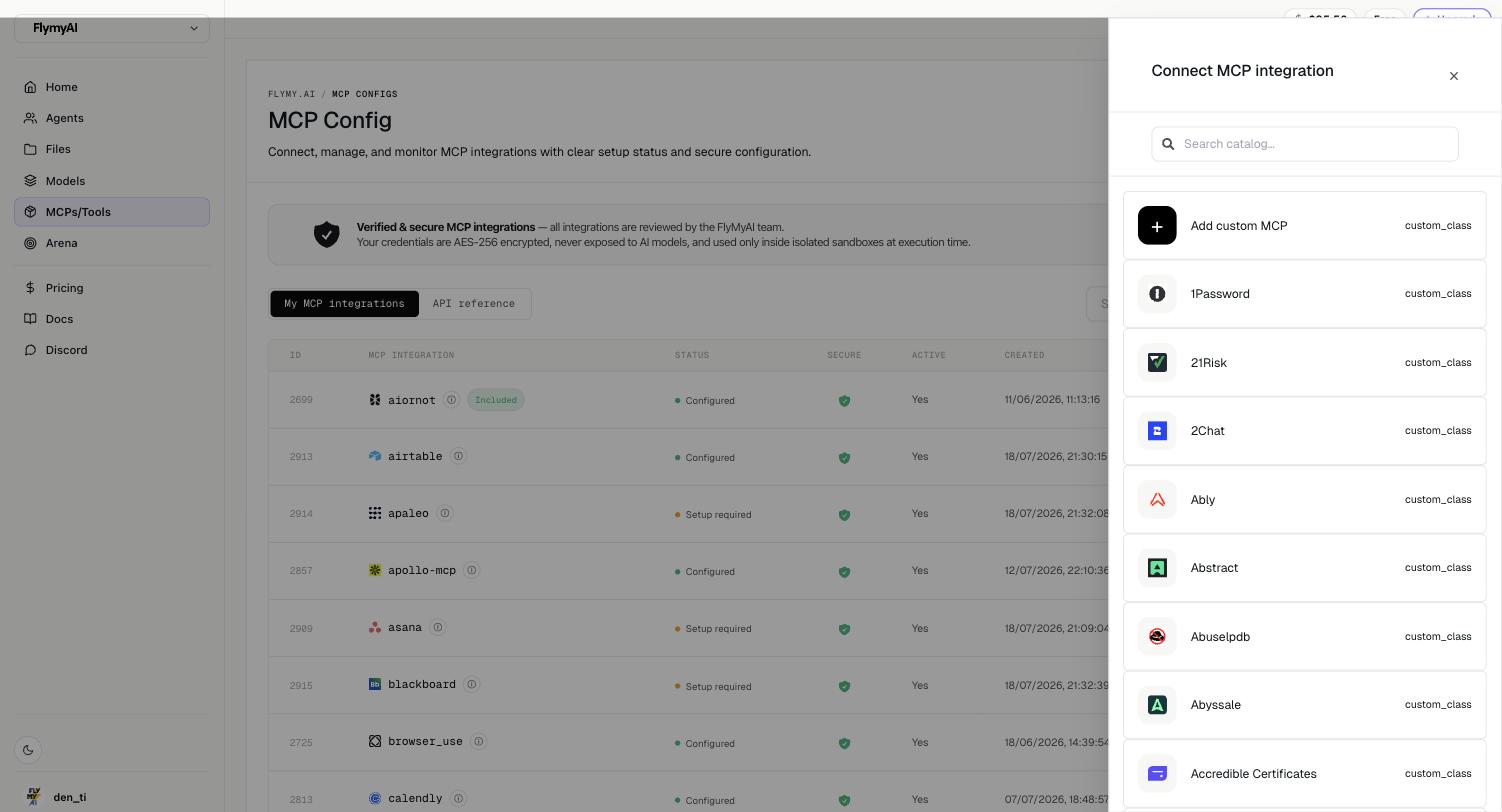 Connecting an MCP from the catalog, with the integration table behind it